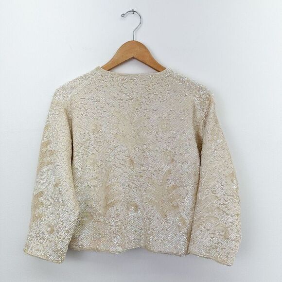 Vintage 50s 60s All Over Iridescent Sequin Art Deco Inspired 3/4 Sleeve Cropped - Picture 2 of 16